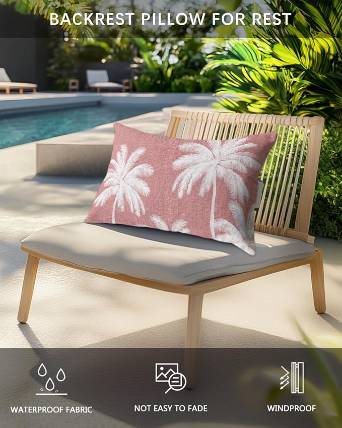 Pack of 2 Outdoor Lumbar Pillow Covers 12x20 Inch, Pink Palm Trees Waterproof Throw Pillow Covers Set, Farmhouse Tropical Summer Beach Indoor&Outdoor Decorative Cushion Cases for Patio Porch Car