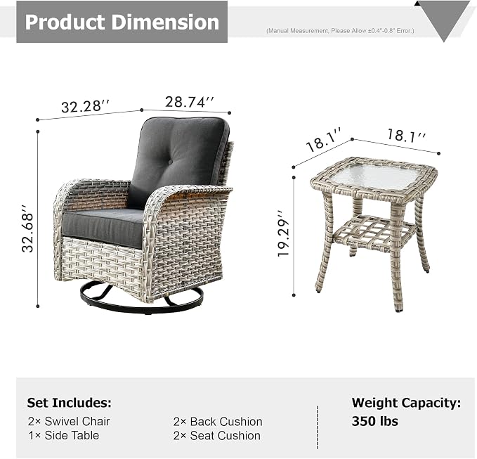 HOOOWOOO Outdoor Patio Bistro Set,3 Pieces Wicker Out Door Swivel Rocking Chair with Matching Side Table,Patio Furniture Sets,Denim Blue