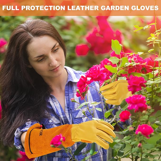 Long Gardening-Gloves Women/Men-Thorn proof Rose Pruning Heavy Duty Gauntlet-XL | Womens Long Leather Garden Glove, Heavy Duty Gauntlet, Work Glove for Weeding, Yard Planting, Best Garden Gifts for Gardener
