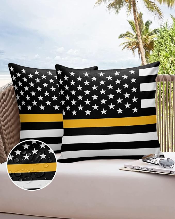 Outdoor Waterproof Pillow Covers Set of 2, Thin Gold Line Dispatchers Dispatch Communications Officer American Flag Patio Throw Pillow Covers, Decorative Cushion Case for Sofa Furniture, 16x16 Inch