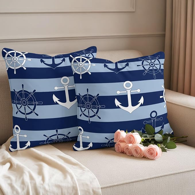 Nautical Ship Anchors Waterproof Outdoor Pillow Covers Set of 2 Home Decor, Navy Blue Horizontal Stripes Lumbar Pillowcase Patio Pillow Covers for Couch Bench Patio Furniture Garden 20x20in