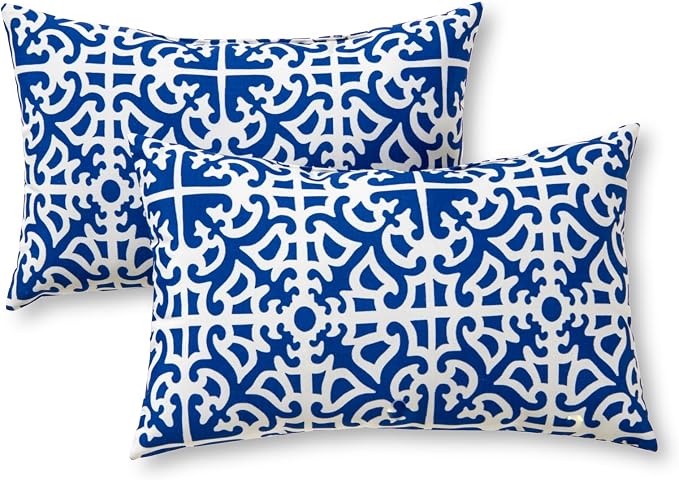 Set of 2 Outdoor Throw Pillows 19 x 12 Inch – Reversible Rectangle Patio Accent Pillows – Weather-Resistant Polyester Fabric – Eco-Friendly Recycled Polyfiber Fill – Indigo Lattice
