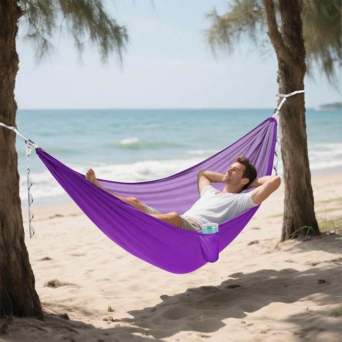 Purple Solid Color Camping Hammock, Portable Lightweight Single Hammock with Tree Straps and Aluminum Carabiners, 114" x 54" Travel Hammock for Hiking Backpacking Beach