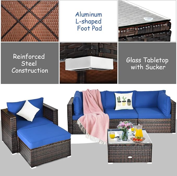 Tangkula 6 Pieces Wicker Patio Furniture Set, PE Rattan Outdoor Sectional Conversation Set with Glass Coffee Table & Ottoman, Wicker Sofa Set with Cushions for Yard Garden, Deck, Porch, Navy