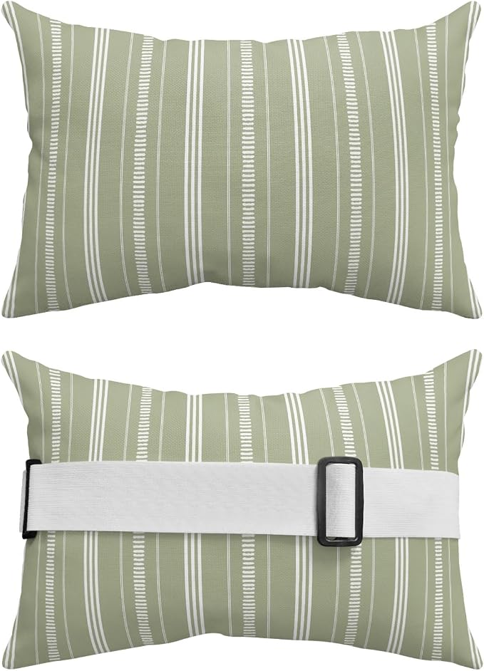Outdoor Lumbar Pillow 12x20 Inch, Boho Sage Green Waterproof Throw Pillow Covers with Insert, Minimalist Farmhouse Striped Decorative Headrest Pillows for Office Car Travel
