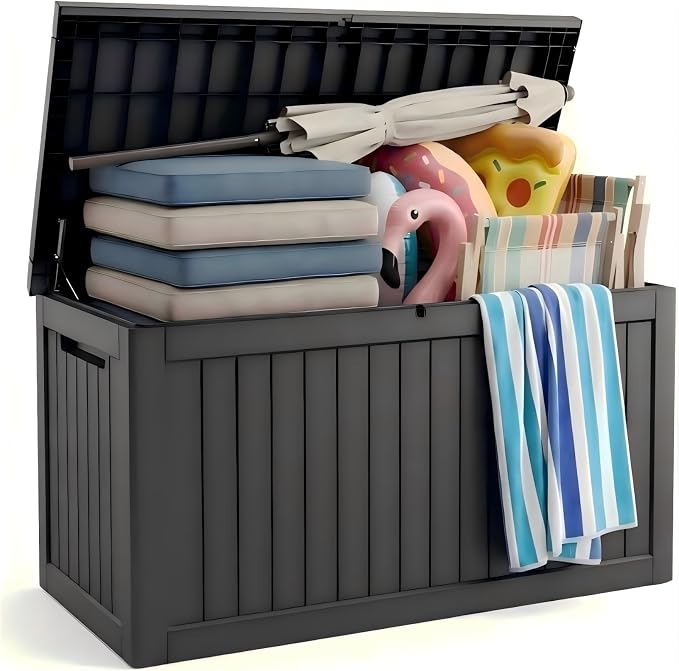 200 Gallon Resin Outdoor Storage Box for Garden Tools, Pool Supplies & Outdoor Patio Cushions – UV-Resistant, Waterproof, Durable Material – Lockable (Black)