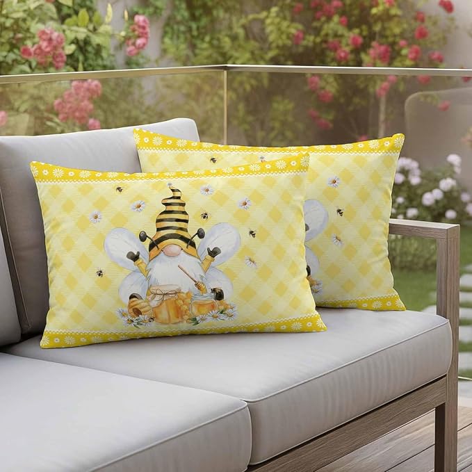 Yukro Honey Gnome Outdoor Waterproof Pillow Covers Pack of 2, Watercolor Honey Bees Floral Yellow Plaid Decorative Throw Pillowcases Cushion Covers for Garden Patio Tent Sofa Couch, 20x12 inch
