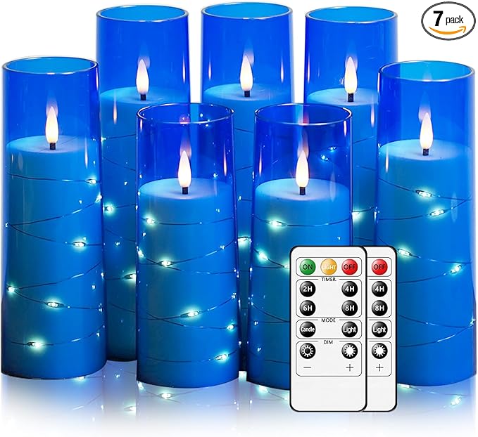 Eebuss Flameless Candles with Embedded Star String, Battery Operated LED Pillar Candles with Timer and Remote Control,Home Decorating for Ambiance， Set of 7 (Blue)