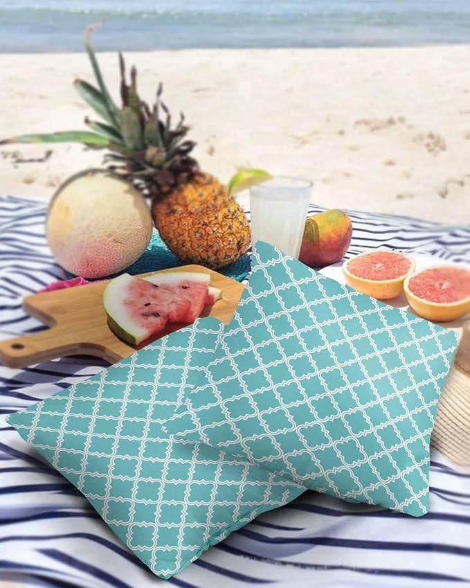 Outdoor Waterproof Pillow Covers for Patio Moroccan Pattern Decorative Throw Pillow Cover Geometric Trellis Cyan Blue Pillowcases Set of 2 Cushion Case for Sofa Couch Chair Home Decor 26x26 inch