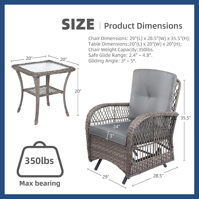 3-Piece Patio Wicker Conversation Bistro Set, All-Weather Gliding Rocking Chairs with Thickened Cushions and Glass Top Table, Outdoor Rattan Furniture Sets for Porch Garden, Gray