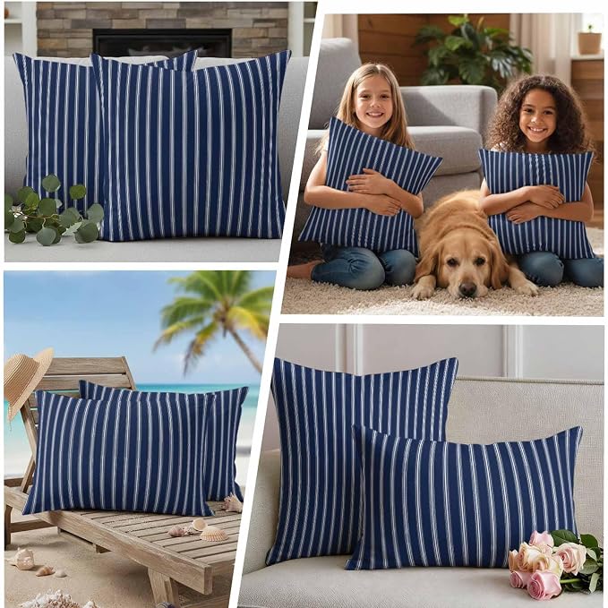 Outdoor Pillow Covers 12x20 Set of 2 Navy Blue Stripe Outdoor Pillows Waterproof Throw Pillow Covers Vertical Striped Pillowcases Decorative Case for Patio Cushion