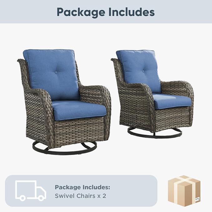 Belord Outdoor Swivel Chairs Set of 2,Patio Wicker Rocker Chairs,All Weather Patio Conversation Furniture Set, Ideal for Porch Balcony Deck Yard, Gray Wicker/Blue