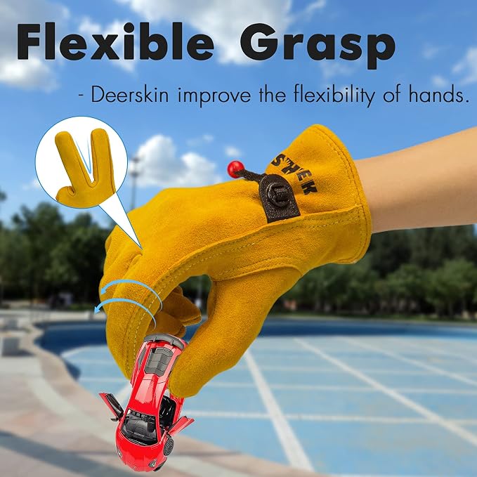 Kids Leather Gloves, Youth Work Glove 12-14Y (Yellow 3 Pairs, XL) | Adjustable Band, Durable, Flexible Toddler Youth Leather Gloves for Kids Yard Work, Working, Gardening, Child 2-14 Years Old
