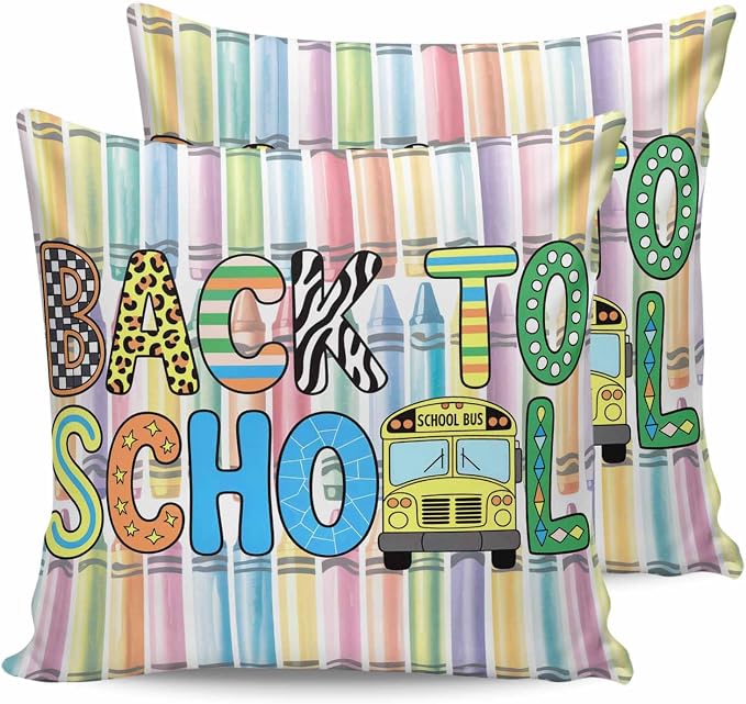 Outdoor Waterproof Throw Pillow Covers Set of 2 Back to School Pillowcases 16x16 Inches Crayon Truck School Season Decorative Pillows Cushion Case Patio Pillows for Couch Bed Chair Garden