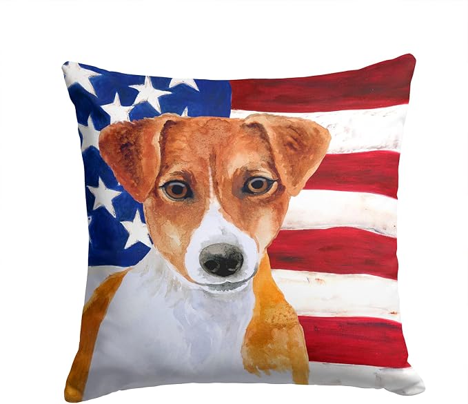 Caroline's Treasures BB9689PW1414 Jack Russell Terrier Patriotic Fabric Decorative Pillow Machine Washable, Indoor Outdoor Decorative Pillow for Couch, Bed or Patio, 14Hx14W