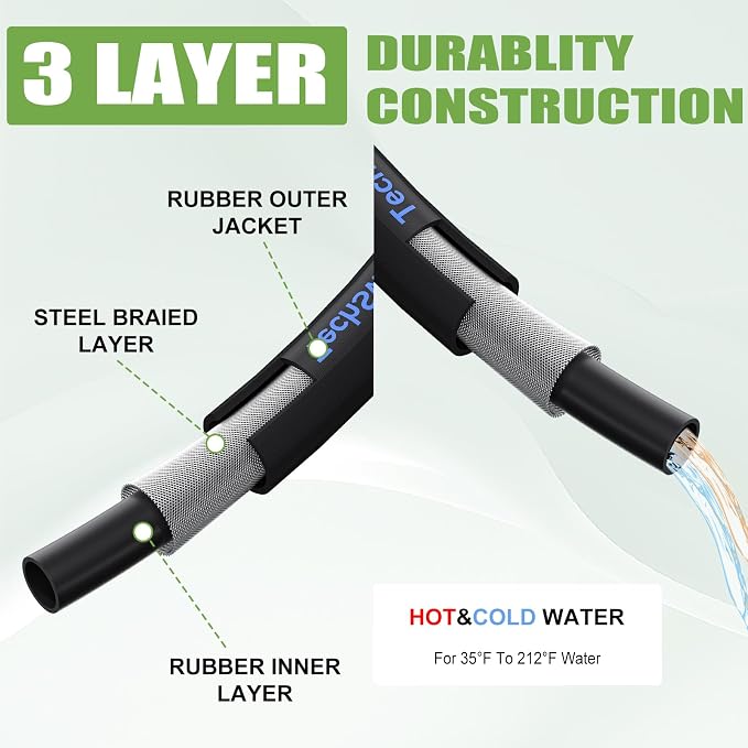 3/8" 4800PSI Pressure washer hose 50ft for cold and hot water Max 248°F with 3/8"quick connect Kink resistant Steel Wire Braided Power Washer Hose with M22 14mm Adapter，Blue