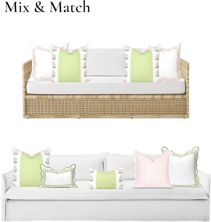 Hofdeco Premium Grandmillennial Patio Indoor Outdoor Throw Pillow Cover Only, 20"x20" Water Repellent for Backyard, Couch, Poolside, Grass Green Pink Print Block Print Striped Lily of the Valley