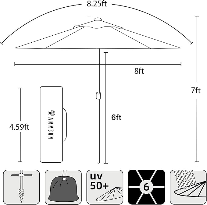 AMMSUN 8ft Large Beach Umbrellas for Sand Heavy Huty Wind Portable Commercial Grade Patio Beach Umbrella with Sand Anchor Adjustable Height Air Vent UPF 50+ Telescoping Pole without tilt Red