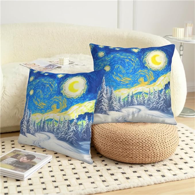 Winter Pine Forest Pillow Covers Van Gogh Starry Night Throw Pillow Covers Christmas Tree Pillowcase 16x16 Set of 2 Double Sided Printing Cushion Case for Living Room Couch Sofa