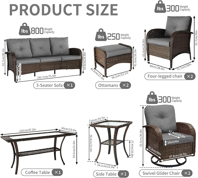 Outdoor Swivel Rocker Patio Chairs (Brown Wicker/Grey Cushion, 9PC/Sofa & Swivel & Chair &2 Table& Ottomans)