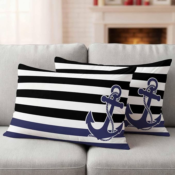 Lumbar Pillow Covers 20x12 Inch Set of 2, Anchor Black Waterproof Outdoor Cushion Covers, Modern Navy Blue White Striped Nautical Decorative Pillowcases for Couch, Sofa, Bed, Garden, Patio