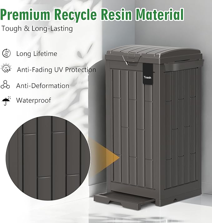 Outdoor Trash Can, 30 Gallon Garbage Can with Tiered Lid and Drip Tray, Waterproof Resin Waste Bin for Patio, Garden, Backyard, Deck, Brown