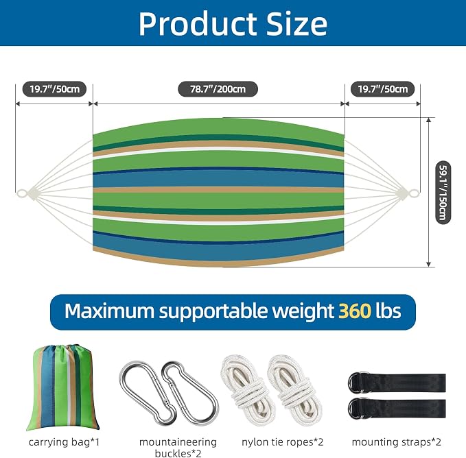 Portable Double Hammock, Hanging Hammock with Tassels 2 Person Patio Hammock for Backyard & Indoor Relaxation, Soft Breathable Fabric, Easy Setup with Straps & Carry Bag, 360 lbs Capacity