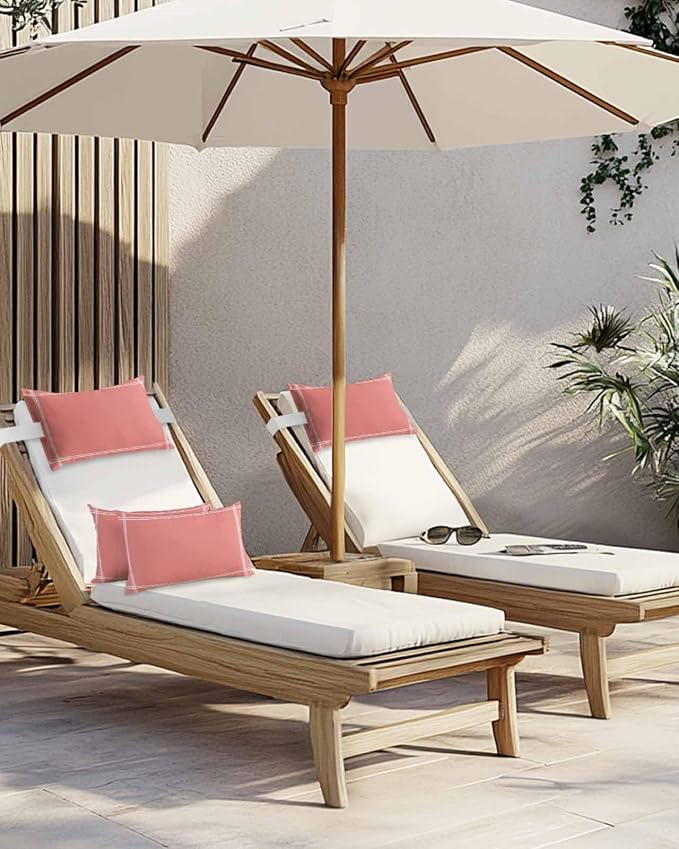 Outdoor Pillow for Lounge Chair with Strap & Insert Coral Red Recliner Head Pillow Solid Color Waterproof Headrest Patio Lumbar Pillows for Beach Pool Office Chaise Chair 12x20 Inch