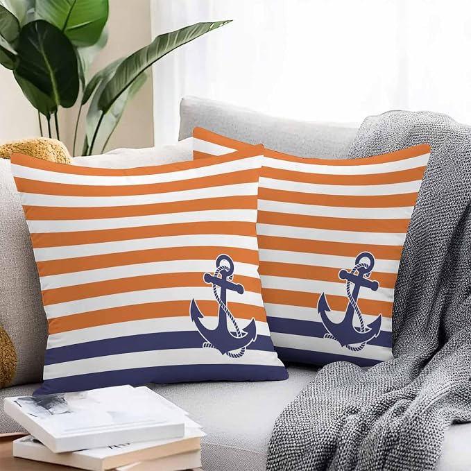 Throw Pillow Covers 18x18 Inch Set of 2, Anchor Orange Waterproof Outdoor Cushion Covers, Modern Navy Blue White Striped Nautical Decorative Pillowcases for Couch, Sofa, Bed, Garden, Patio