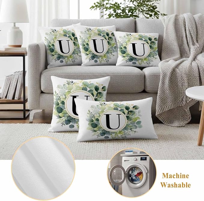 Letter U Waterproof Outdoor Pillow Covers Set of 2 Home Decor, Alphabet Green Eucalyptus Leaves Pillowcase Patio Pillow Covers for Couch Bench Patio Furniture Garden 24x24in
