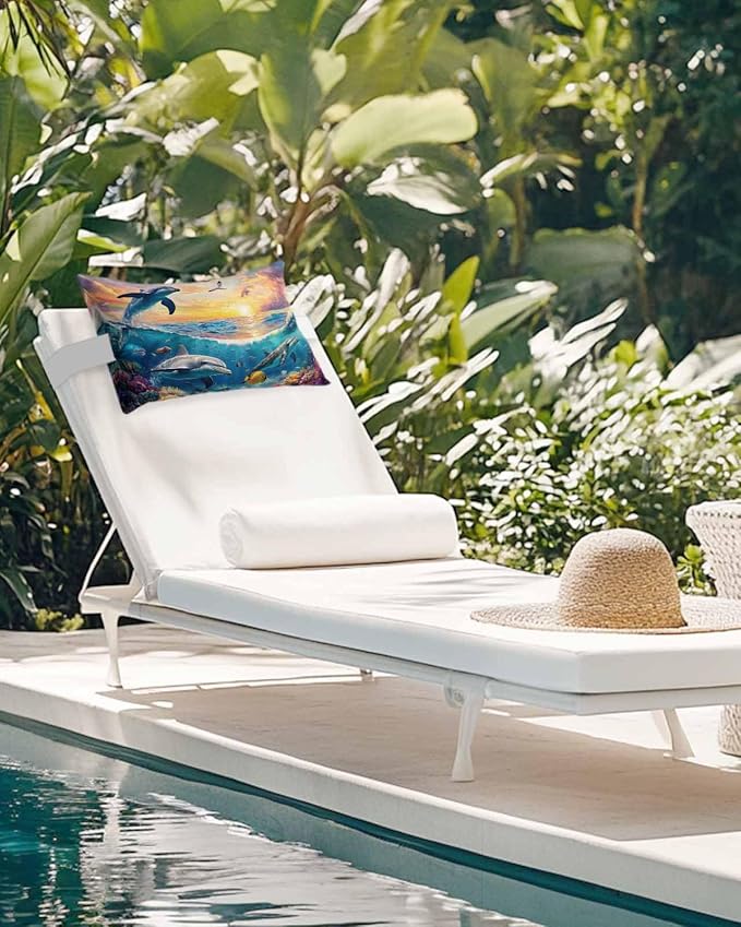 Pack of 2 Outdoor Lumbar Cushions with Inserts, Summer Ocean Dolphin Fish Animal Photography Waterproof Fluffy Fade Body Pillows, Patio Furniture Pillow for Home Balcony Garden Decor 12x20IN