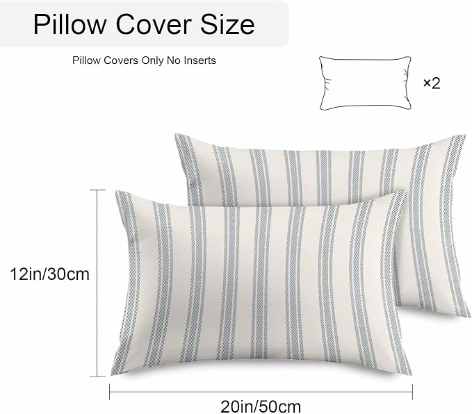 Lumbar Pillow Covers 20x12 Inch Set of 2, Blue Striped Waterproof Outdoor Cushion Covers, Modern Stripes Farmhouse Decorative Pillowcases for Couch, Sofa, Bed, Garden, Patio