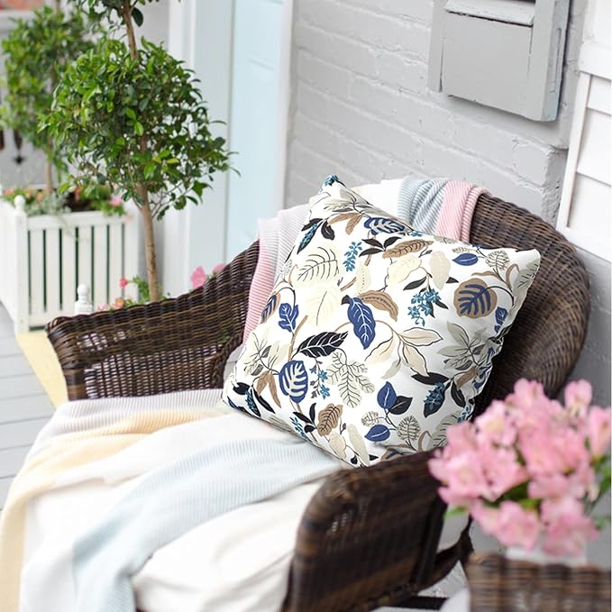 Outdoor Throw Pillow Covers 18”x18”, Decorative Pillow Covers for Patio Furniture, Modern Cushion Cases for Garden Couch Home Sofa Bed Office Chair, Pack of 2, Breeze Leaves Beige