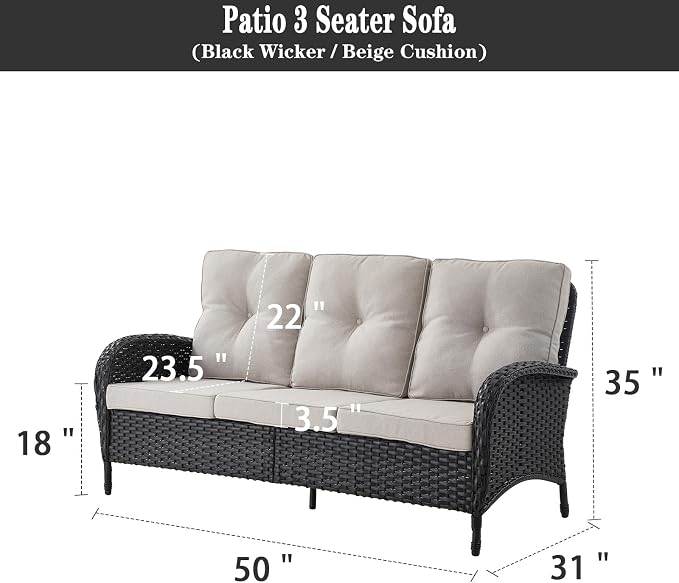 Belord Outdoor Patio Furniture - Wicker Sofa with Removable Cushion, 3 Seater Rattan Couch with Deep Seat, High Backrest, All-Weather for Balcony, Deck, Backyard, Black/Beige