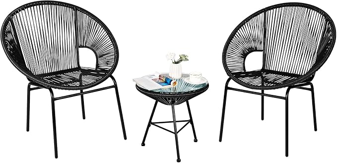 COSTWAY 3-Piece Outdoor Acapulco Chair Set, Wicker Conversation Bistro Sets with Plastic Rope, Glass Top Table, Patio Rattan Furniture Set for Garden, Balcony, Lawn, Backyard, Apartment, Black