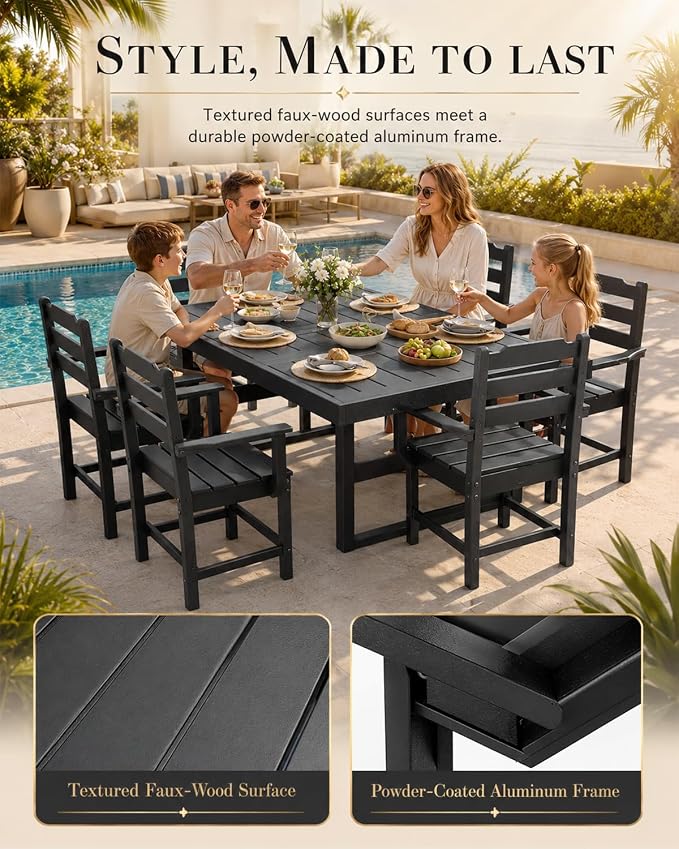 WACASA 7-Piece HDPE Outdoor Dining Set for 6, All-Weather Faux Wood Patio Table and Chairs with 2" Umbrella Hole, Steel-Reinforced Outside Furniture, Black