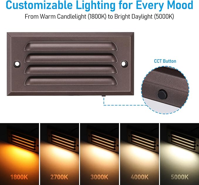 LEONLITE 6-Pack 5CCT 6 Inch Low Voltage LED Step Lights Outdoor | Horizontal Louvered Stair Lights, 12–24V AC/DC, IP65 Waterproof, 1800/2700/3000/4000/5000K, ETL, Aluminum, Oil Rubbed Bronze