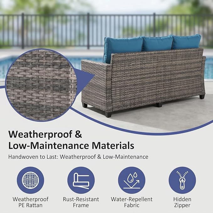 LAUSAINT HOME 3 Pieces Outdoor Patio Furniture, Outdoor Sectional Sofa Patio Furniture Sets Wicker Rattan Patio Conversation Sets with Cushion and Glass Table (Peacock Blue)