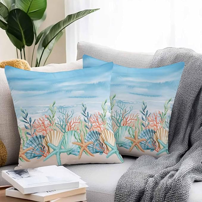 Throw Pillow Covers 24x24 Inch Set of 2, Summer Nautical Waterproof Outdoor Pillow Covers, Coastal Beach Starfish Coral Shell Blue Decorative Cushion Pillowcases for Couch, Sofa, Bed, Garden, Patio