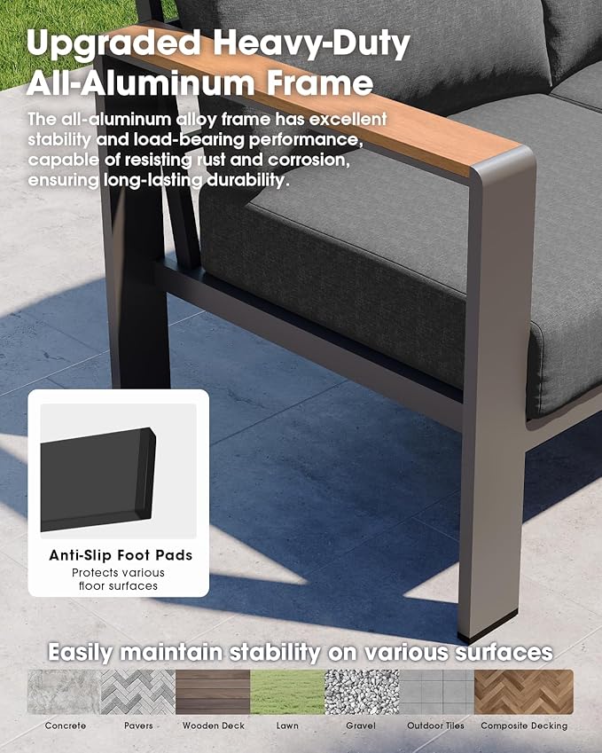 Aluminum Outdoor Patio Furniture Set 6 Seats, Outdoor Sectional Corner Sofa Set, Patio Conversation Sets with Washable Cushions & Coffee Table, Patio Furniture for Backyard, Porch, Graphite