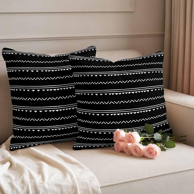 Black Boho Outdoor Waterproof Throw Pillow Covers Set of 2, 20"x20", Geometric Stripes Triangle Decorative Pillow Covers Outside Cushion Case for Patio Porch Garden