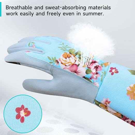 WANCHI Extended Sleeve Garden Gloves for Women, Soft Grip Gardening Gloves, Lightweight Comfort Wear for Planting, Landscaping & Outdoor Tasks, Blue Small
