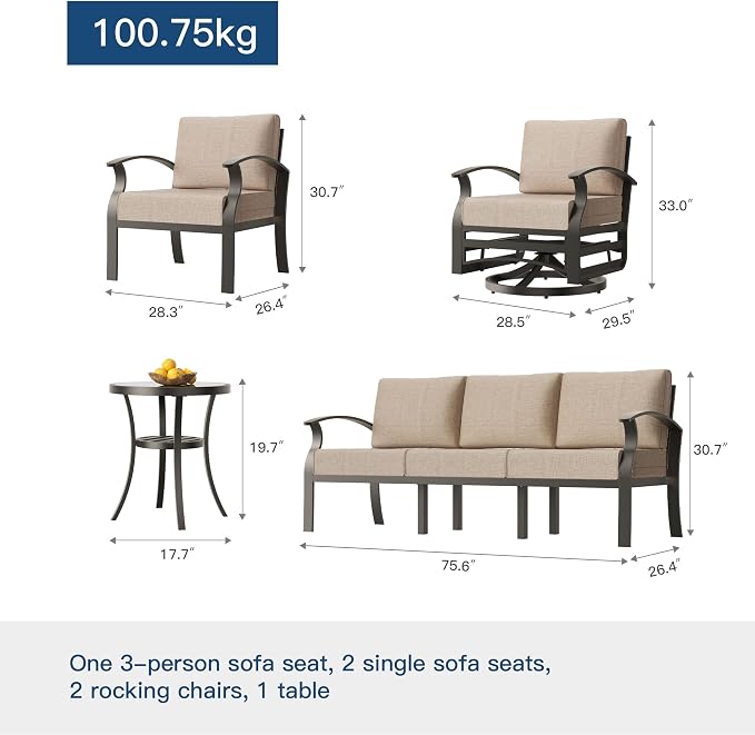 Kullavik Aluminum Patio Furniture Set,6 Piece Modern Metal Outdoor Patio Furniture w/5.1'' Thick Cushion and Swivel Chairs,Patio Conversation Sets for Porch,Deck,Sand
