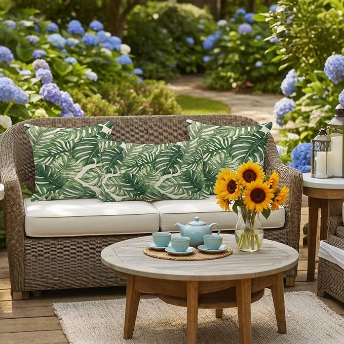 Green Tropical Leaves Waterproof Outdoor Pillow Covers Set of 2 Home Decor, Farmhouse Summer Leaf Plants Pillowcase Patio Pillow Covers for Couch Bench Furniture Garden 18x18in