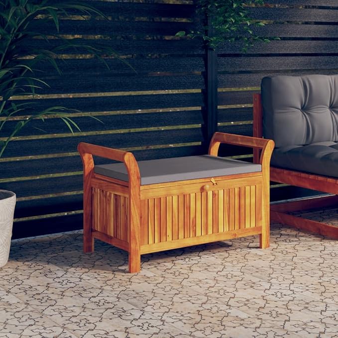 Wooden Outdoor Patio Storage Bench Large Deck Box with Brown Cushion 35.8"x19.7"x23.6" Solid Wood Acacia Storage Box Deck Box with Seat for Garden, Balcony, Porch, Pool,Yard