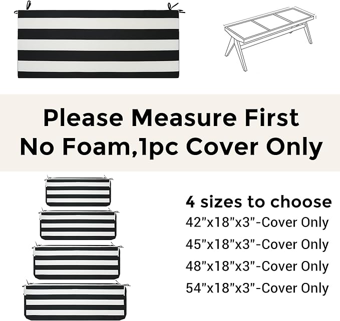 FUNHOME Outdoor Bench Cushion Cover 42 x18 x 3 inch,Water Resistant Cover with Zipper&Ties,Fade-Resistant Slipcover,Patio Porch Swing Cushion Cover Replacement Only,No Insert(Black White)