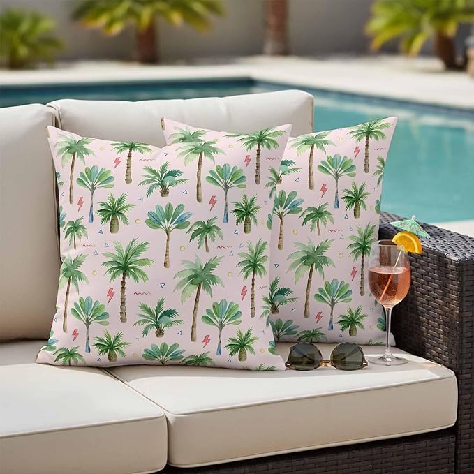 Yukro Tropical Palm Tree Outdoor Waterproof Pillow Covers Pack of 2, Lightning Summer Forest Pink Boho Throw Pillowcases Decorative Cushion Covers for Garden Patio Tent Sofa Couch, 24x24 inch