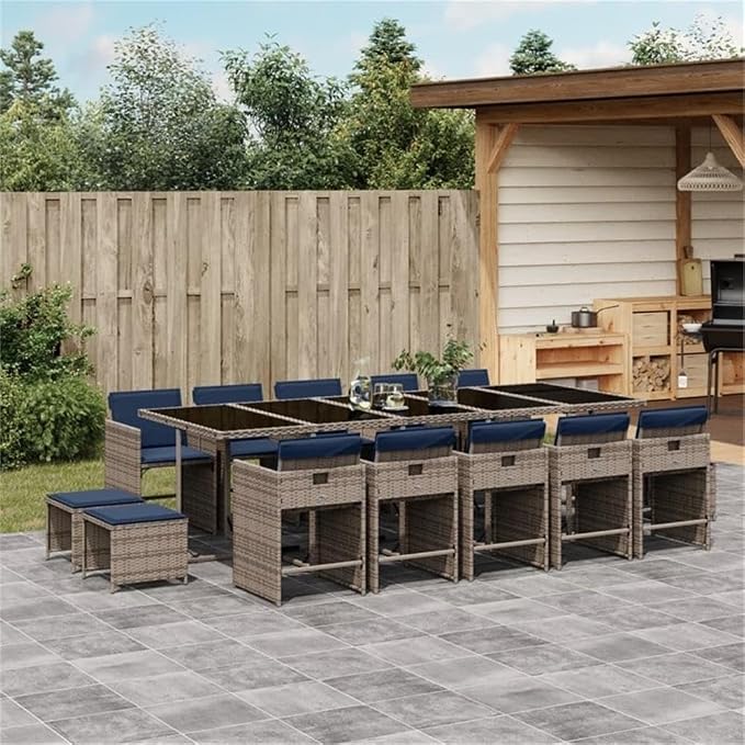 Afuera Living 14-Piece Poly Rattan Patio Dining Set, Gray Finish, Acacia Wood Table, UV-Resistant Cushions, Powder-Coated Steel Frame, Spacious Seating for 14, Modern Outdoor Garden or Terrace