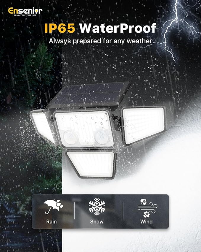 Ensenior Solar Lights Outdoor, Motion Sensor Outdoor Light with Remote Control, IP65 Waterproof 279 LED 4 Heads Solar Security Light with 4 Mode, 270° Wide Angle Solar Flood Light for outdoor, 3 Packs