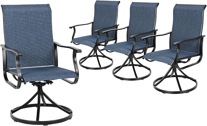 Crownland Outdoor Swivel Dining Chair Set of 4, All Weather 360° Swivel Rocking High Back Model Patio Dining Chairs, Textilene Fabric Wrought Iron Dining Chair Set for Backyard, Lawn, Garden(Blue)
